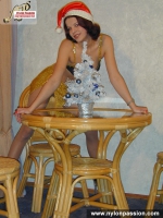 Pantyhose brunette in Christmas hood