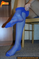 Blue pantyhose putting on teen brunette shaved pussy