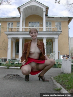 Russian teen outdoor upskirt posing without panties - N