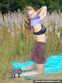Pantyhose teen blonde plays with pantyhose outdoot - N