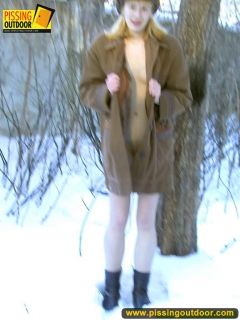 Winter outdoor pissing of girl naked under coat - N