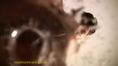 Ebony Pee whore strips and loves the golden rain humiliation - N