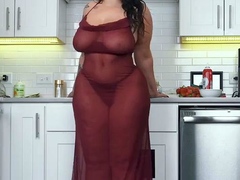 Busty curly brunette with big boobs fucks on couch