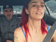 Brazilian car sex, super-naughty passenger tugs driver -