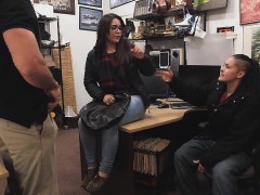 Cum drips on her face in a pawn shop after stealing items