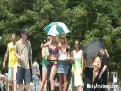 Busty amateur babe washes her sexy body in public