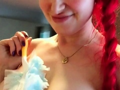 Amateur redhead masturbates then gives a blowjob